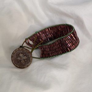 Woven Beaded Bracelet, Plum, Antique Button Closure